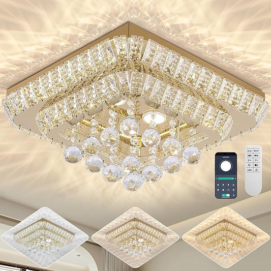 18 inch Crystal Flush Mount Gold Chandelier Remote/APP, Modern Raindrop LED Ceiling Light, 3CCT Dimmable & Brightness Adjustable,Elegant Chandeliers for Bedroom Hallway Dinning Room Living Room