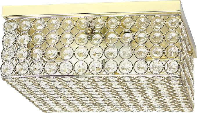 Elegant Designs FM1004-GLD Elipse Crystal 12 Inch Modern Metal 2 Light Squared Ceiling Flush Mount Fixture, Gold