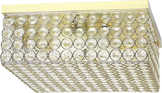 Elegant Designs FM1004-GLD Elipse Crystal 12 Inch Modern Metal 2 Light Squared Ceiling Flush Mount Fixture, Gold