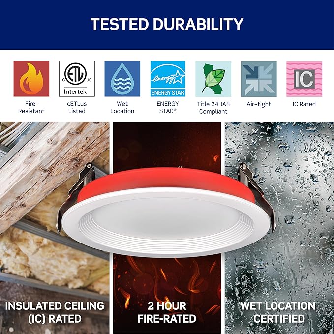 Leviton in. 2 Hour Fire-Rated Round Baffle Slim LED Canless Downlight, 1000 Lumens, 5 CCT Color Selectable 2700K-5000K, Dimmable, IC Rated, 4