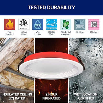 Leviton in. 2 Hour Fire-Rated Round Baffle Slim LED Canless Downlight, 1000 Lumens, 5 CCT Color Selectable 2700K-5000K, Dimmable, IC Rated, 4