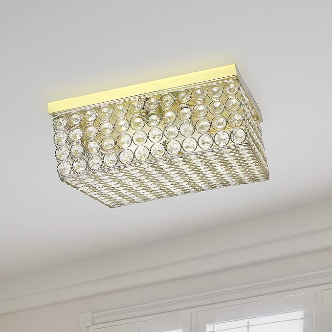 Elegant Designs FM1004-GLD Elipse Crystal 12 Inch Modern Metal 2 Light Squared Ceiling Flush Mount Fixture, Gold