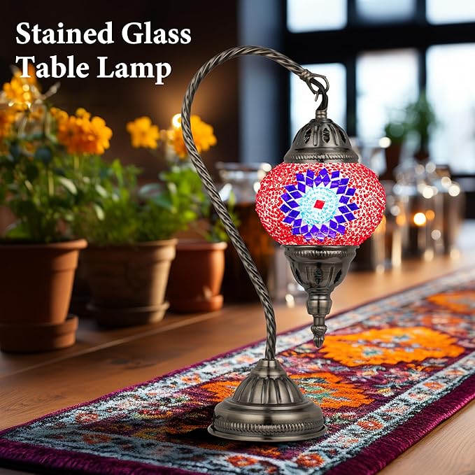 Marrakech Vintage Lamp Turkish Mosaic Lamps with Tiffany Style, Handmade Moroccan Table Lamps with Swan Neck Bronze Base Including LED Bulb for Living Room Bedroom Decor (Red)