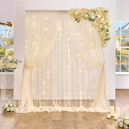 20×12ft Champagne Tulle Backdrop Curtain with Lights String for Parites Sheer Fabric Backdrop Curtains for Wedding Baby Shower Birthday Party Backdrop Drapes Photo Shoot Background 4 Panels 5ft×12ft