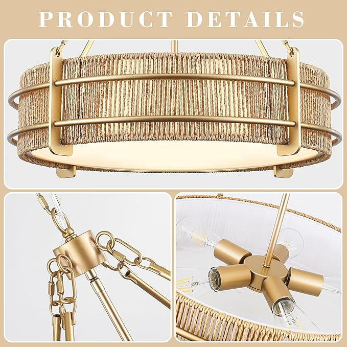 21.5'' Boho Rattan Chandelier Light Fixture, 5-Light Hand Woven Rattan Chandeliers with Fabric Shade, Rustic Gold Pendant Light for Kitchen, Bedroom, Dining Room, Living Room, Foyer