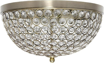 Elegant Designs FM1000-ABS Elipse Crystal 13 Inch Modern Metal 2 Light Bowl Shaped Ceiling Flush Mount Fixture, Antique Brass