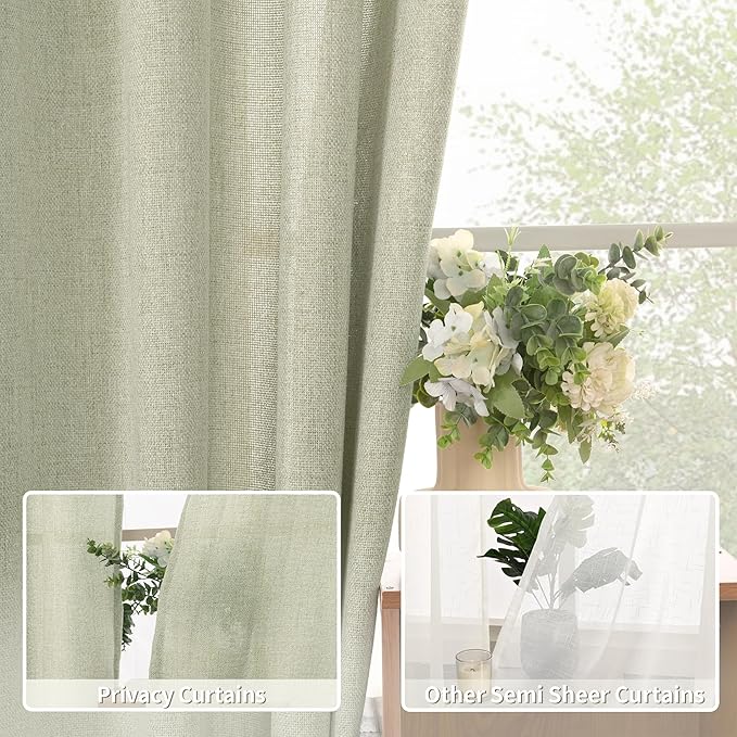 BGment Sage Green Linen Curtains 95 Inch Long for Living Room - Burlap Textured Light Filtering Window Treatments Grommet Sheer Drapes for Farmhouse, 2 Panels, 52 X 95 Inch