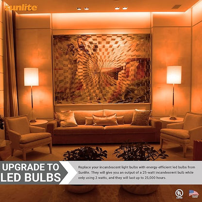 Sunlite 80149 LED A19 Colored Light Bulb, 3 Watts (25w Equivalent), E26 Medium Base, Non-Dimmable, UL Listed, Party Decoration, Holiday Lighting, 1 Count, Amber (Pack of 2)