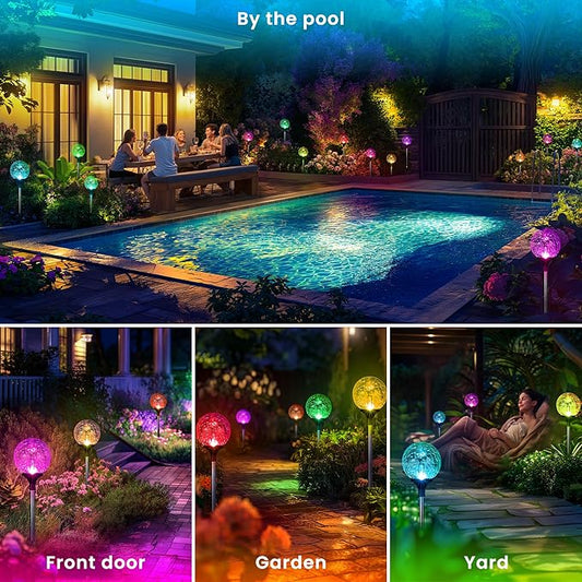 GIGALUMI Solar Garden Lights 3 Pack, Solar Lights Outdoor Decorative Waterproof, Outdoor Solar Lights for Yard Decorations, Multi-Colored Changing Garden Globe Cracked Glass Ball with LED Lights
