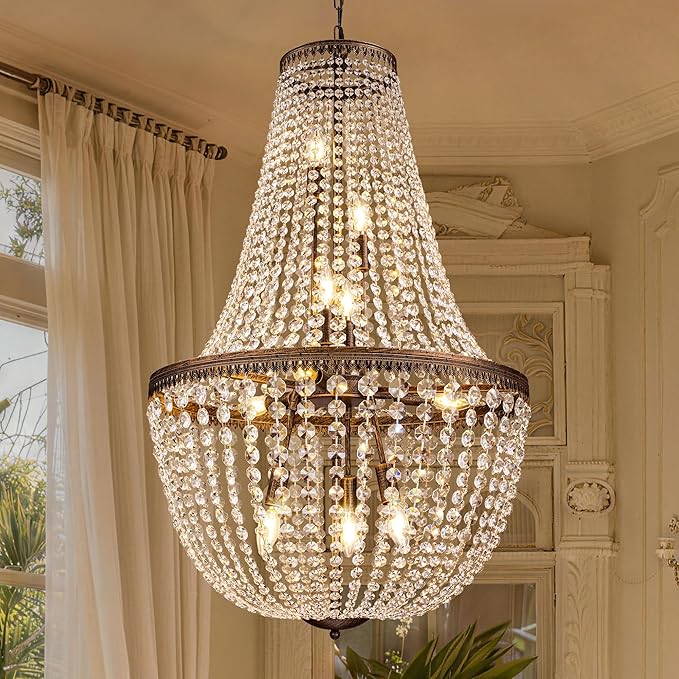 Wellmet French Empire Crystal Chandelier Farmhouse Antique Bronze Chandeliers Light Fixture, 10 Lights Adjustable Pendant Light for Dining Living Room, Bedroom, Entryway, Kitchen, Foyer, 25.4" W