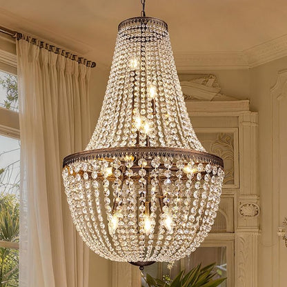 Wellmet French Empire Crystal Chandelier Farmhouse Antique Bronze Chandeliers Light Fixture, 10 Lights Adjustable Pendant Light for Dining Living Room, Bedroom, Entryway, Kitchen, Foyer, 25.4" W