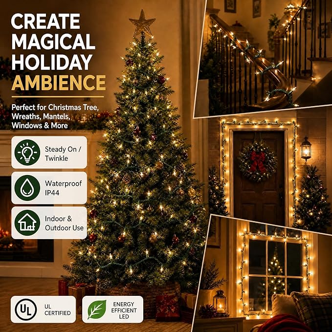 TW SHINE Warm White Christmas Lights Outdoor, 20FT 100 Count Incandescent Christmas Light Indoor, Waterproof Christmas Tree String Lights for Xmas Decorations