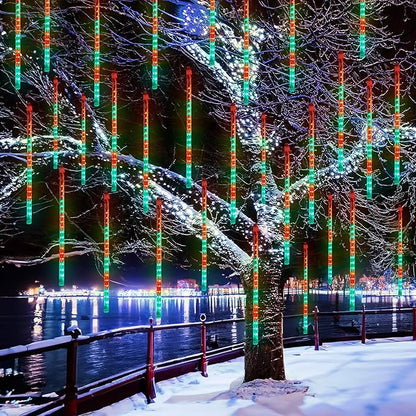 Dazzle Bright Red and Green Christmas Lights, 288 LED 11.8 Inch Meteor Shower Rain Lights with 8 Tubes, Waterproof Plug in Falling Rain Light Christmas Decorations for Xmas Bushes Tree Yard Party