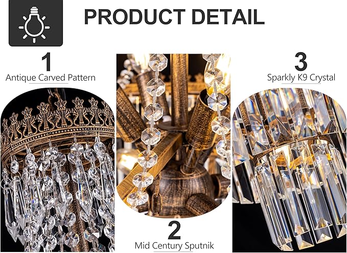 TOCHIC French Empire Crystal Chandelier Modern Farmhouse Chandeliers Ceiling Light for Foyer Entryway High Ceiling Vintage Antique Bronze Chandelier Light Fixture for Dining Living Room 24" D