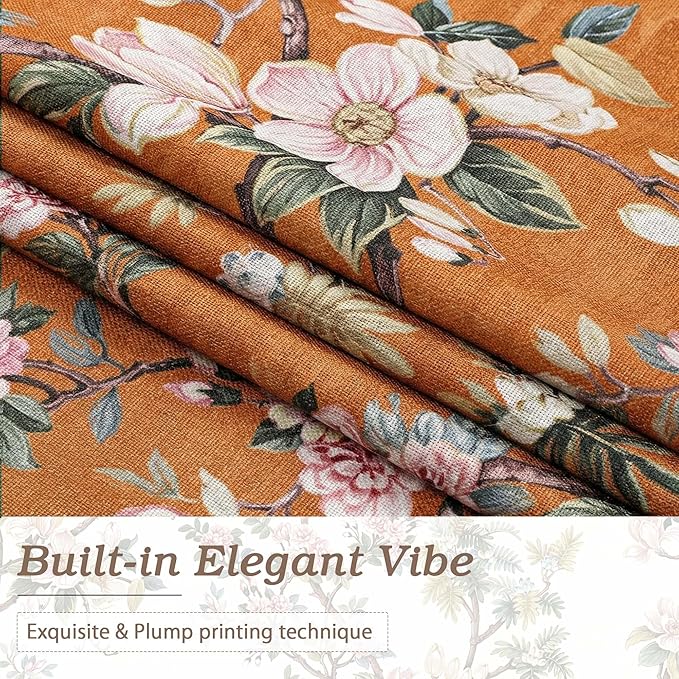 Simplebrand Orange Floral Curtains 63 Inch Length 2 Panels, Faux Linen Textured Semi Light Filtering Farmhouse Curtains & Drapes, Soft Airy Slub Window Curtains for Living Room Bedroom, Each 40"Wx63"L