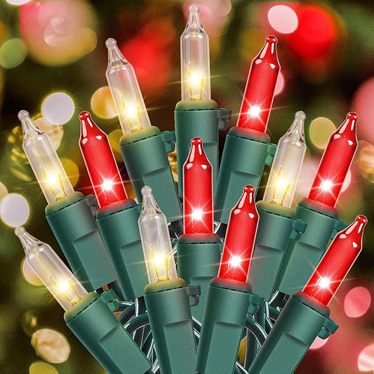 YOUNGAR Clear Christmas Lights Outdoor, 13FT Red&Clear Approved Christmas Tree Lights with Green Wire, Incandescent Mini Light Plug in Indoor Outdoor Tree Patio Garden Xmas Decor,Red Clear,50 Count