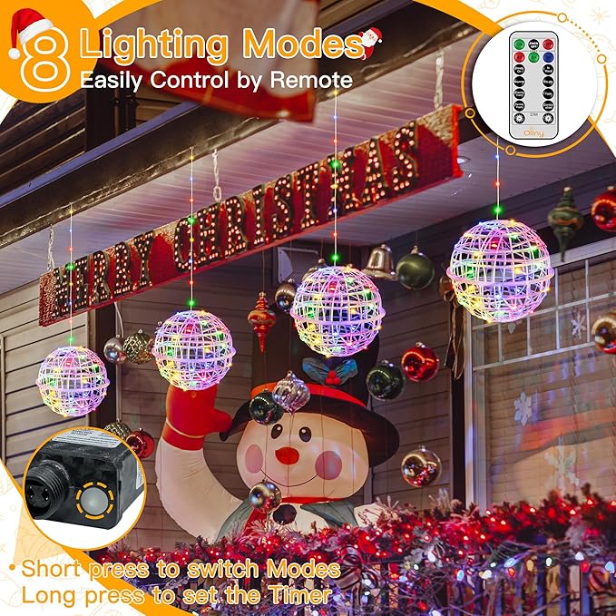 Ollny Christmas Lights Outdoor 4Pack 7.87inch, Multicolor 200 LED Ball Light with Plug in Remote, 8 Modes IP67 Waterproof Connectable Sphere Tree Lights for Indoor House Yard Garage Decorations