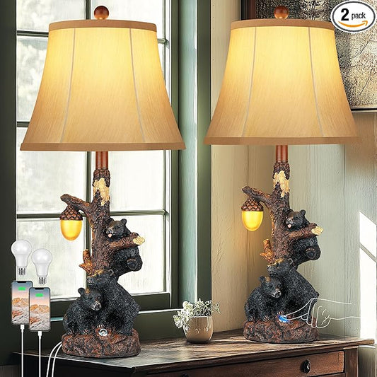 Set of 2 Bear Bedside Table Lamps for Bedroom with Nightlight & USB A+C,Touch Accent Cottage Table Lamps for Living Room,Farmhouse Rustic Animal Nightstand Lamps for Western Cabin Christmas Decor