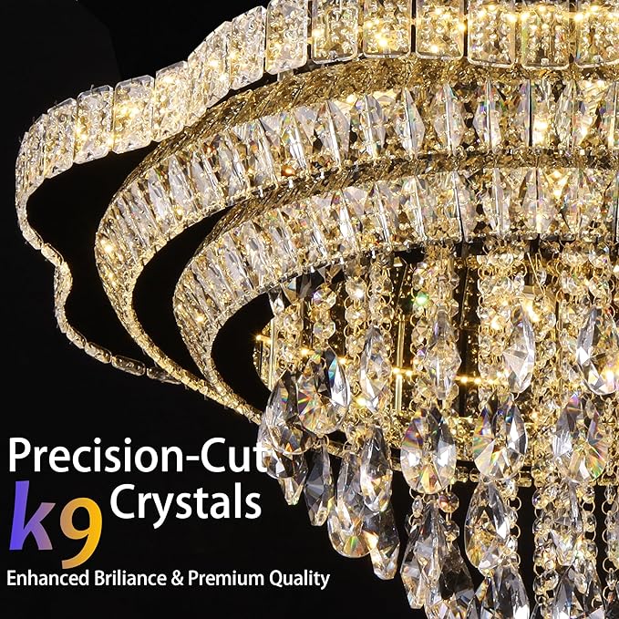 Silver LED Crystal Ceiling Light for Living Room, 40" Modern Large Flush Mount Chandelier with K9 Crystal Raindrop,Elegant Lighting Fixture with Remote Control for Hallway Dinning Room