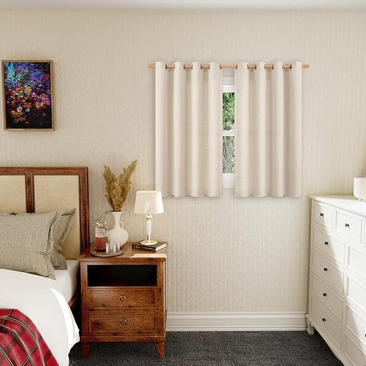 BGment Short Curtains for Bedroom,54 inch Length Faux Linen Curtains for Small Window Grommet Non-See Through Privacy Light Filtering Burlap Textured Kitchen Window,2 Panels,52 x 54 Inch,Light Beige