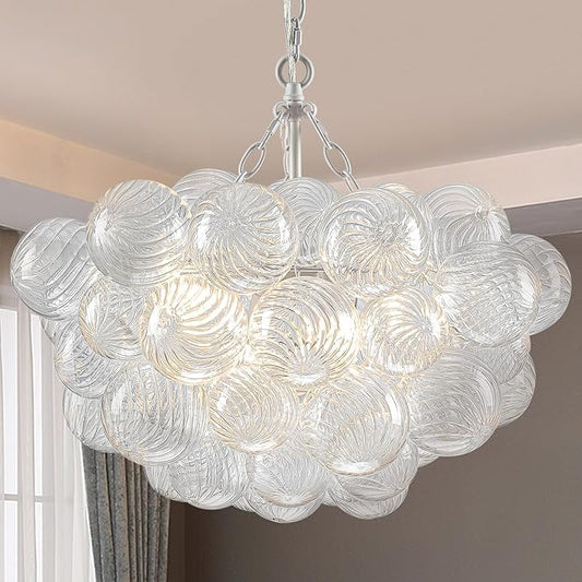 Hand Blown Glass Bubble Ball Chandelier White Finish 20" Small Pendant Lights Art Deco Cluster Swirled Ribbed Globe Blown Glass Chandeliers for Dining Room Bathroom Entry Bedroom