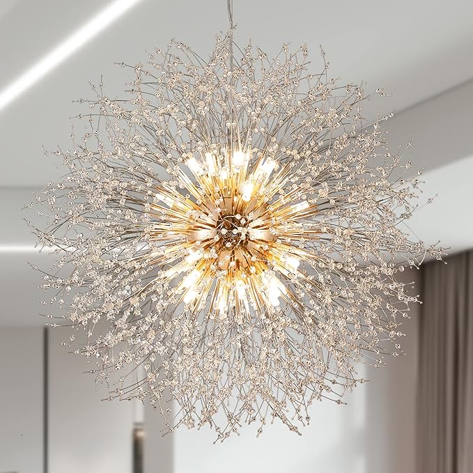 Modern Crystal Chandelier Gold, 24-Light Large Firerwork Chandelier for Living Room, 39.3" Crystal Sputnik Pendant Lighting for Entry Hallway Foyer