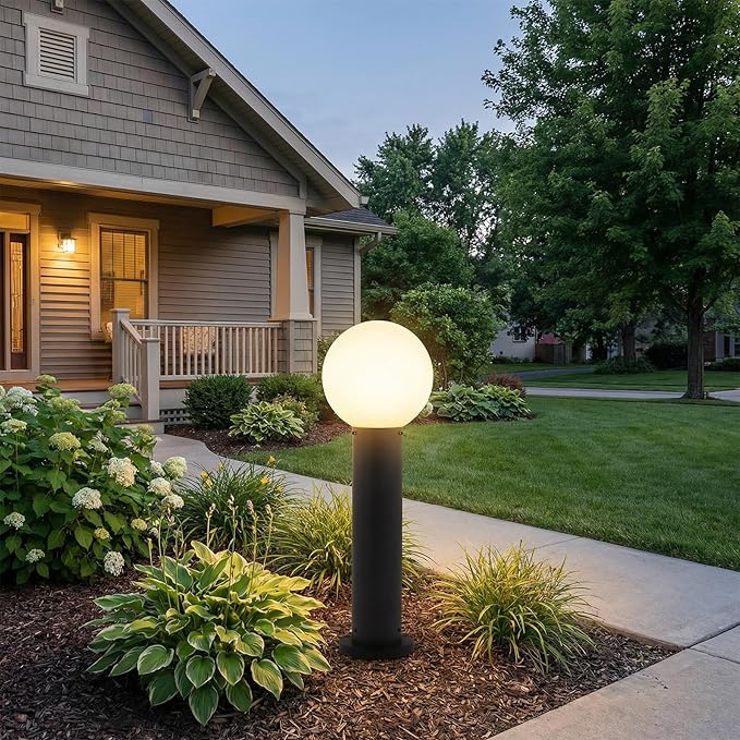 23.6" Outdoor Post Light, Modern Outside Bollard Light with Opal Glass Globe, Black Aluminum Pathway Lamp Post Light for Walkway Driveway Patio Garden, Hardwired, E26 Bulb Not Included