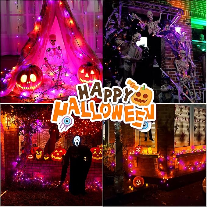 LAMPHOME 66ft Halloween Decorative Mini Lights, 200 LED Green Wire Fairy Starry String Lights Plug in, 16 Lighting Modes, for Halloween Decoration Outdoor Party Decoration (Orange and Purple)