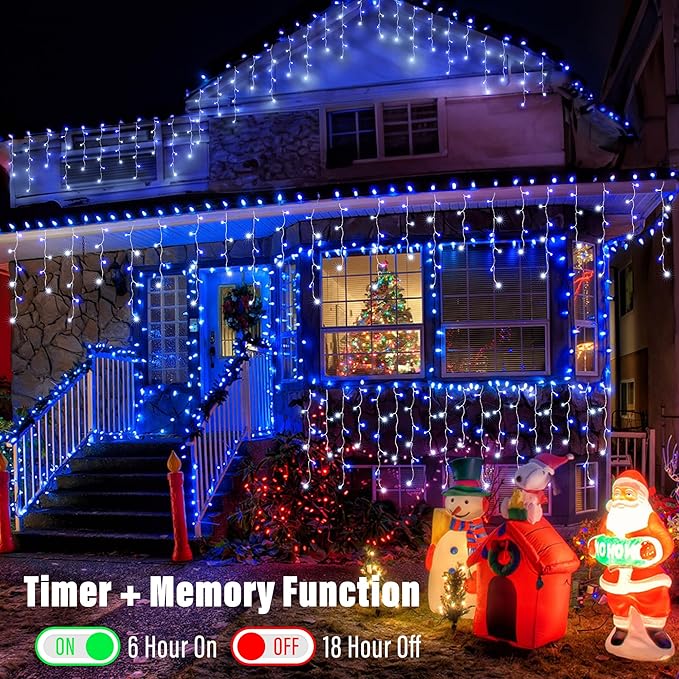 Joomer Christmas Icicle Lights - 19FT Outdoor String Lights Waterproof, 8 Modes Timer Connectable Plug-in String Light for Christmas Party, Eaves, Roofs, Xmas Decorations (White+Blue)