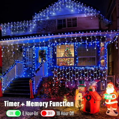 Joomer Christmas Icicle Lights - 19FT Outdoor String Lights Waterproof, 8 Modes Timer Connectable Plug-in String Light for Christmas Party, Eaves, Roofs, Xmas Decorations (White+Blue)