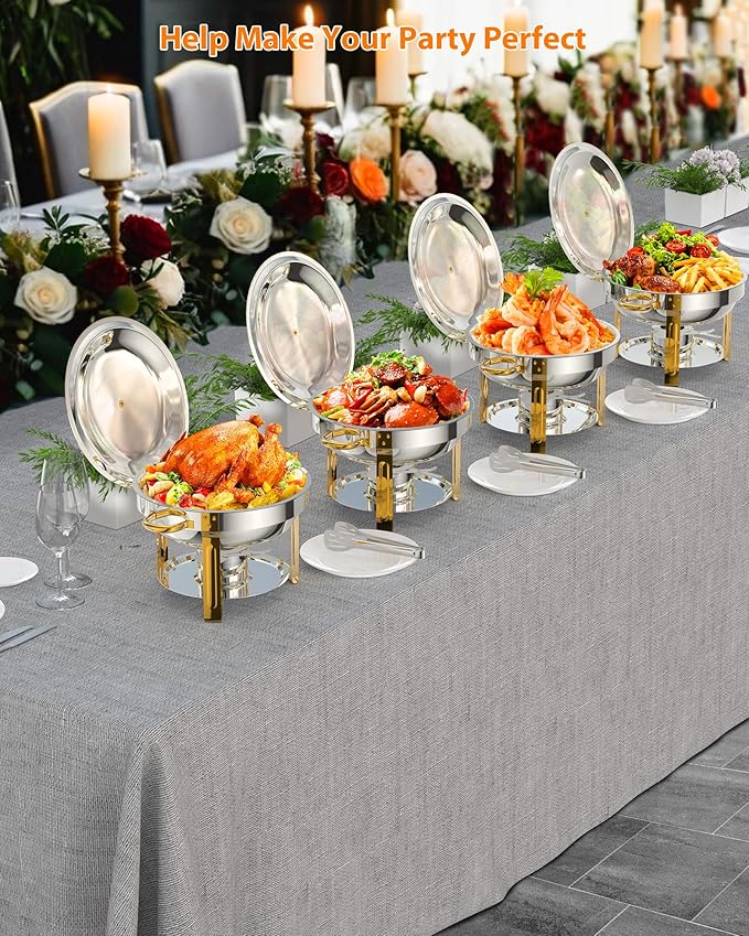 5QT 6 Packs Chafing Dish Buffet Set, NSF Round Stainless Steel Chafers and Warmers Food Servers Sets with Lid & Lid Holder, Spoon & Tweezer for Catering Events Parties Weddings Dinners,Gold