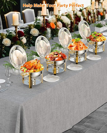 5QT 6 Packs Chafing Dish Buffet Set, NSF Round Stainless Steel Chafers and Warmers Food Servers Sets with Lid & Lid Holder, Spoon & Tweezer for Catering Events Parties Weddings Dinners,Gold