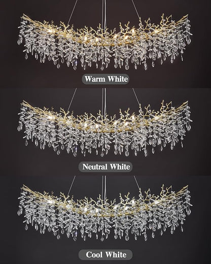Modern Crystal Chandelier for Dining Room, 16-Light 55.12" Gold Tree Branch Chandeliers, Luxury K9 Crystal Rectangular Chandeliers for Kitchen Island Living Room