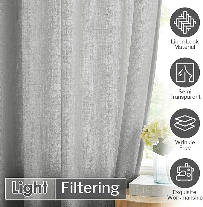 Melodieux Grey Semi Sheer Curtains 96 Inches Long for Living Room, Bedroom Faux Linen Texture Farmhouse Rod Pocket Shiny Sheer Curtains Drapes Light Filtering, 52" W x 96" L, 2 Panels