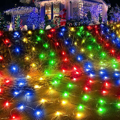 Pooqla Christmas Net Lights, 300LED Outdoor Mesh Light 14.8x4.9 ft Fairy String Mesh Light 8 Modes Green Wire, Connectable Waterproof for Bushes Tree Garden Christmas Decor, Colorful