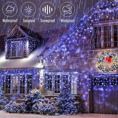 Joomer Christmas Icicle Lights - 19FT Outdoor String Lights Waterproof, 8 Modes Timer Connectable Plug-in String Light for Christmas Party, Eaves, Roofs, Xmas Decorations (White+Blue)