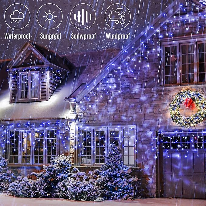 Joomer Christmas Icicle Lights - 33FT Plug in String Lights Waterproof, 8 Modes Timer Connectable Outdoor String Light for Christmas Party, Eaves, Roofs, Xmas Decorations (White+Blue)