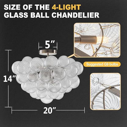 Hand Blown Glass Bubble Ball Chandelier Nickel-Plated 20" Semi Flush Mount Ceiling Light Art Deco Cluster Ribbed Blown Glass Globe Lighting for Bedroom Dining Table Entryway
