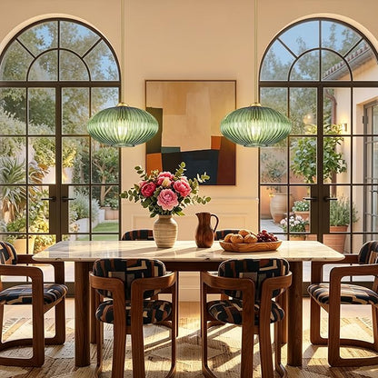 12" Green Glass Modern Pendant Light Kitchen Island 2 Pack Brushed Gold Mid Century Modern Pendant Lighting with Clear Green Glass Hanging Pendant Light for Dining Room（Bulb Incl.）