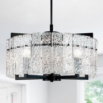 IKK Modern Black Crystal Chandeliers for Dining Room, Luxury Water Ripple Glass Light Fixture, Elegant Farmhouse Round Lighting for Kitchen Island, Bar Table, D20