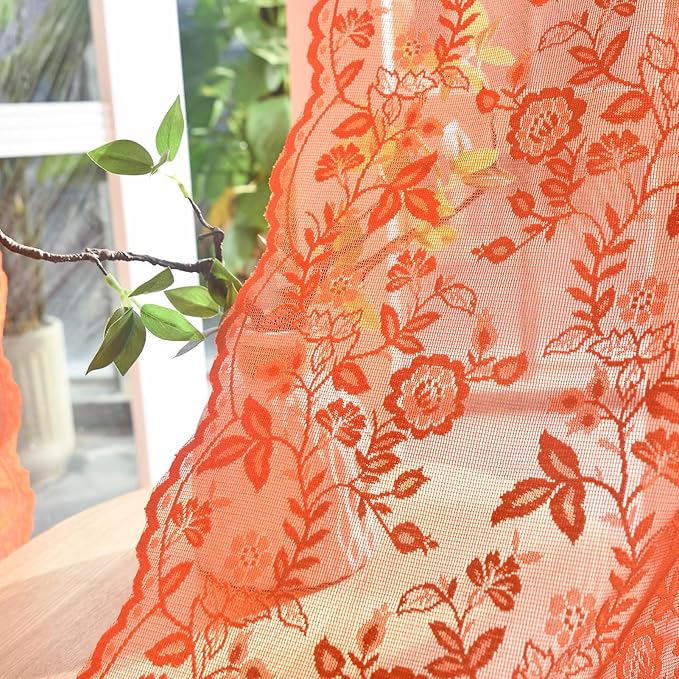 Burnt Orange Sheer Curtains 63 Inch Length for Bedroom 2 Panels Rustic Leaf Floral Scalloped Edge Vintage Rust Sheer Lace Curtains, Rod Pocket Privacy Window Lacy Curtain Drapes, 42 x 63 Inch