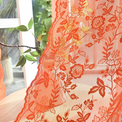 Burnt Orange Sheer Curtains 63 Inch Length for Bedroom 2 Panels Rustic Leaf Floral Scalloped Edge Vintage Rust Sheer Lace Curtains, Rod Pocket Privacy Window Lacy Curtain Drapes, 42 x 63 Inch