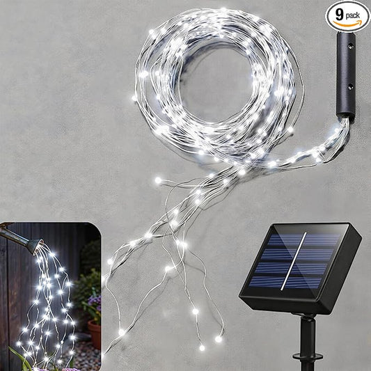 Solar Fairy Lights Outdoor White, Multi Strand 180 LEDs Watering Can String Light, Waterproof Solar Powered Waterfall Lights, Cool White Firefly Bunch Lights