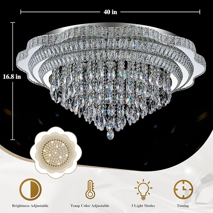 40" Sliver Crystal LED Ceiling Light Fixture with Remote Control,Large Flush Mount Chandelier with 3-Color Dimmable for Living Room Bedroom Dining Room