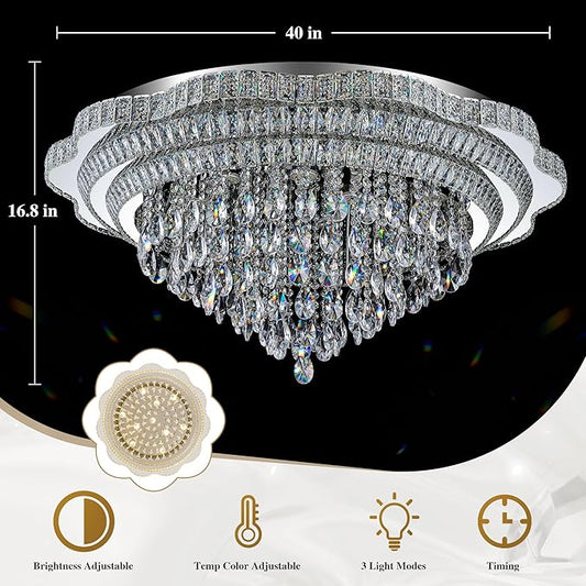 40" Sliver Crystal LED Ceiling Light Fixture with Remote Control,Large Flush Mount Chandelier with 3-Color Dimmable for Living Room Bedroom Dining Room