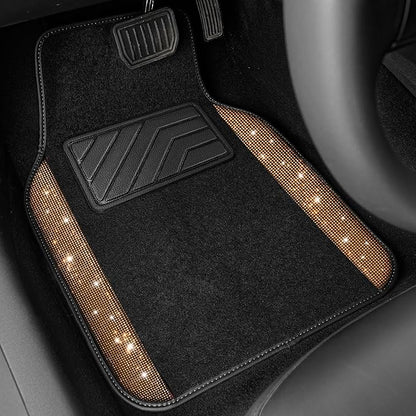 CAR PASS Bling Diamond Car Floor Mats, Shining Rhinestone Carpet Sparkly Glitter Crystal with Anti-Slip PVC Heel Pad Waterproof Universal Fit Automotive SUV,Sedan,Van,Cute Girl Women,4pcs Golden