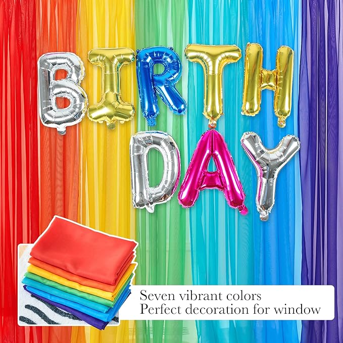 PONY DANCE 7 Pieces Rainbow Sheer Curtains - Colorful Backdrop Bright Drape Set for Playroom,Nurseries,Party,Red,Orange,Yellow,Green,Cyan,Blue,Purple,52x63 inch Length