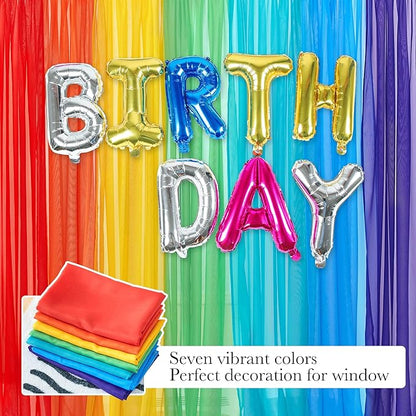 PONY DANCE 7 Pieces Rainbow Sheer Curtains - Colorful Backdrop Bright Drape Set for Playroom,Nurseries,Party,Red,Orange,Yellow,Green,Cyan,Blue,Purple,52x63 inch Length