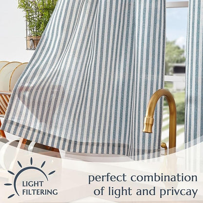 jinchan Striped Linen Kitchen Curtains 36 Inches Length Tier Curtains Farmhouse Modern Cafe Style Small Window Treatments Airy Light Filtering Rod Pocket for Living Room Bathroom 2 Panels Blue