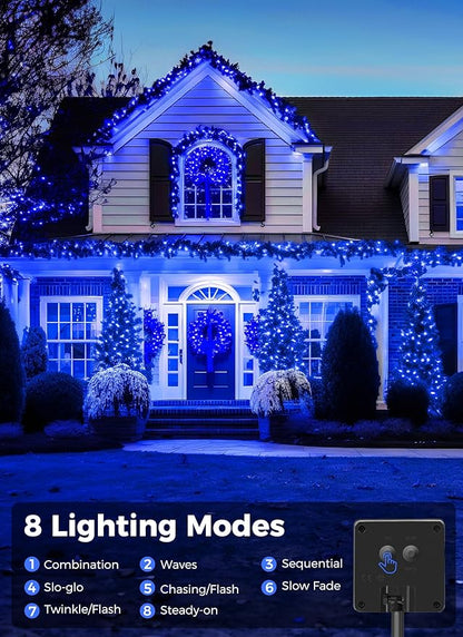 Minetom Solar String Lights Outdoor Waterproof- 40 FT 100 LED Solar Powered String Lights with 8 Lighting Modes, IP65 Waterproof Solar Christmas Lights for Outdoor Outside Tree Party Decor, Blue